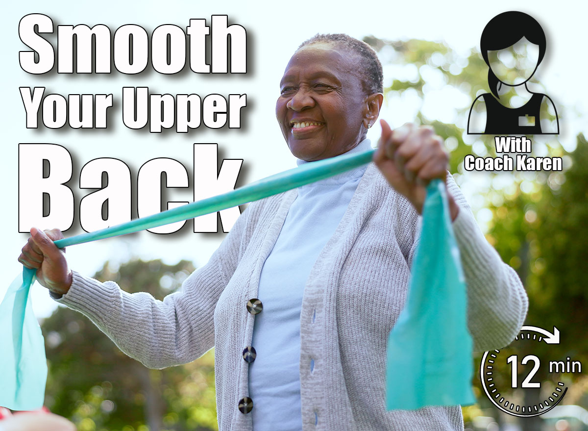 Elderly, woman and physiotherapy for fitness with resistance band in park, outside or garden for wellness. Black person, smile and happy with results in mobility, recovery or rehabilitation of injury. 6 Standing Moves That Smooth Your Upper Back in 30 Days After 45. Cover
