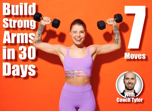 Young fitness trainer instructor woman sportsman wear purple top clothes spend time in home gym hold dumbbells raise up hands wink isolated on plain orange background. Workout sport fit abs concept. 7 Moves to Build Strong Arms in 30 Days After 45. Cover