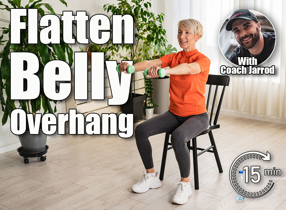 Smiling beautiful senior woman health instructor doing chair exercises with dumbbells, 5 Chair Exercises That Flatten Belly Overhang Faster Than Planks After 50. Cover