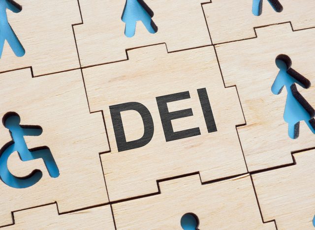 Puzzle with figurines and abbreviation DEI Diversity, equity and inclusion.