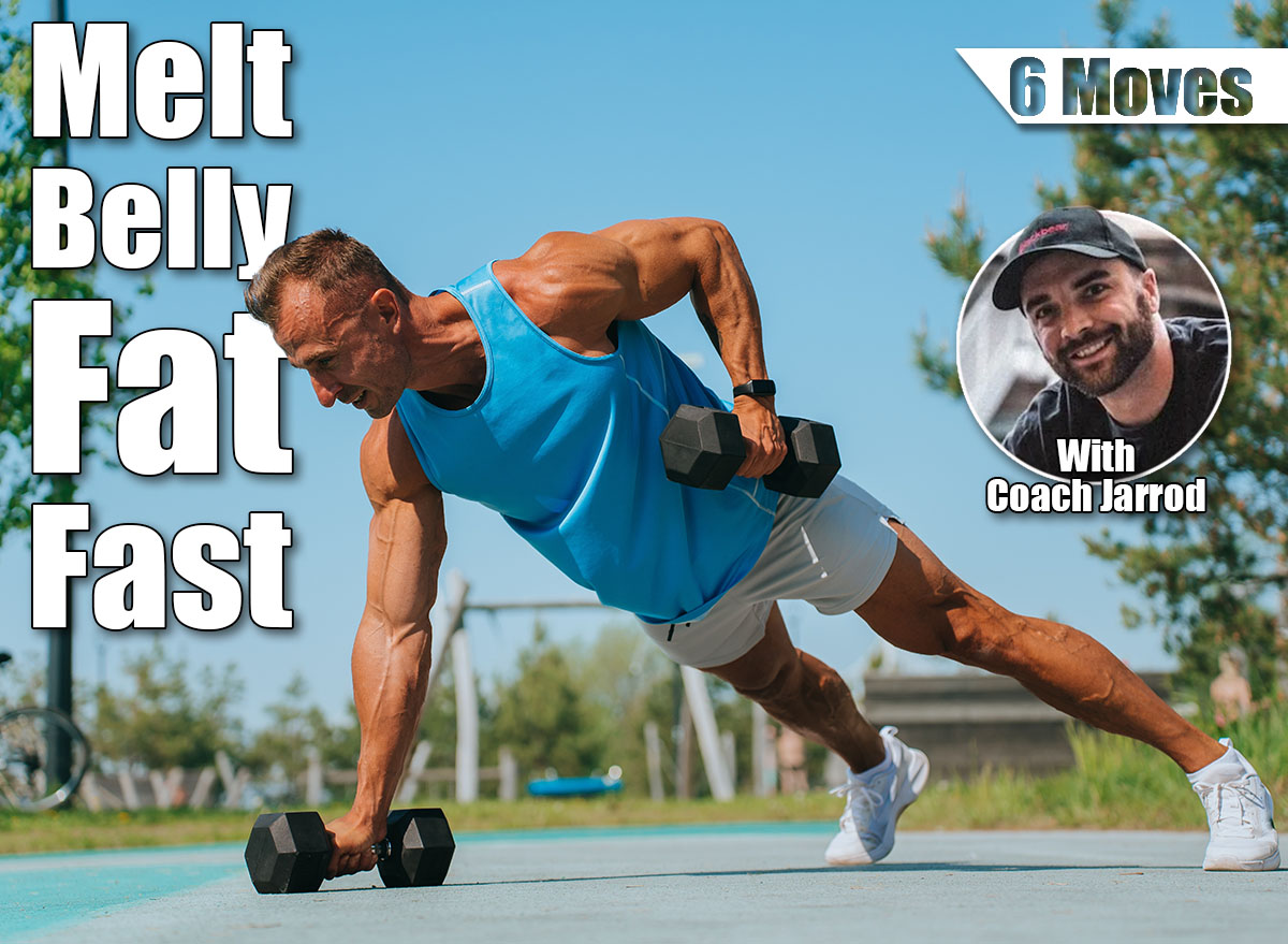man performs a renegade row exercise with dumbbells outdoors, showcasing strength and focus in a park setting. 6 Strength Exercises for Men to Melt Middle-Aged Belly Fat After 40–UPDATE. Cover