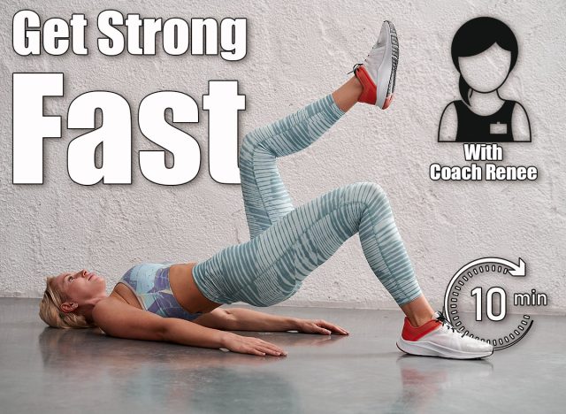 Fit young woman in sportswear practices yoga doing bridge pose exercises with leg raised in the gym. Glute bridge pose. The concept of stretching, pilates, doing sports. This 10-Minute Routine Builds More Strength Than an Hour at the Gym After 40. Cover