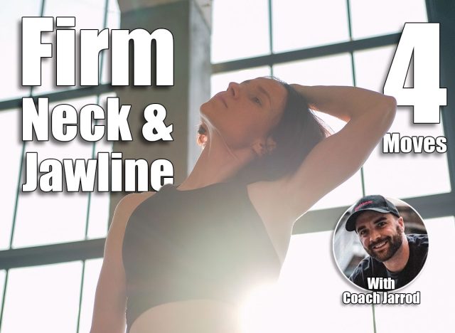 Body warm-up. Neck stretching. Athletic woman in activewear side tilt head with hands training spine muscle in light fitness studio interior. 4 Daily Moves That Firm Your Neck and Jawline Better Than Facials After 50. Cover