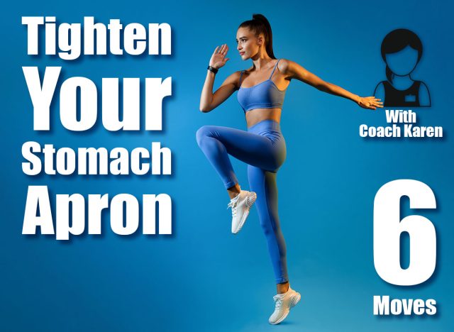 Female Athlete Jumping Exercising During Training Over Blue Studio Background, Looking Aside. Fitness Workout And Sport Motivation Concept. Full Length, Side View. 6 Standing Core Routines to Tighten Your Stomach Apron After 50—No Floor. Cover