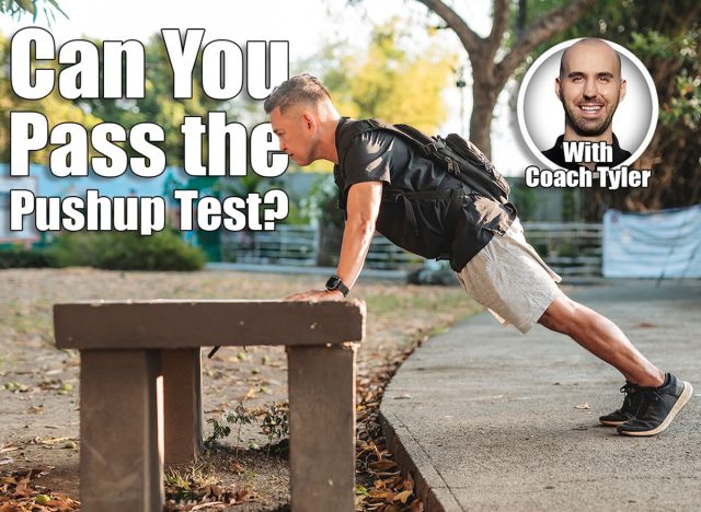 Middle aged Southeast Asian man doing incline pushups on a concrete bench while wearing a loaded rucksack for resistance training. If You Can Do This Many Pushups After 50, Your Upper Body Strength Is Elite. Cover