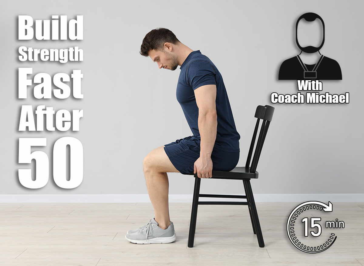 Handsome man exercising with chair at home. 5 Chair Exercises That Build More Strength Than Weight Lifting After 50. Cover