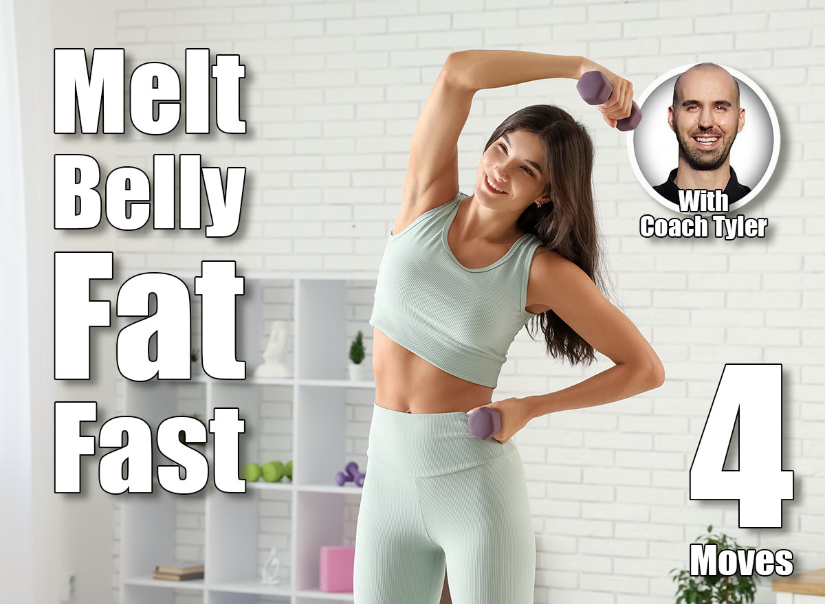 Young woman with dumbbells training in gym. 4 Standing Exercises That Melt Belly Fat Faster Than Treadmill Workouts After 45. Cover