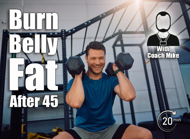 Happy athletic man doing squats while working out with hand weights in outdoor gym. 6 Simple Moves That Burn Belly Fat Without Dieting After 45. Cover
