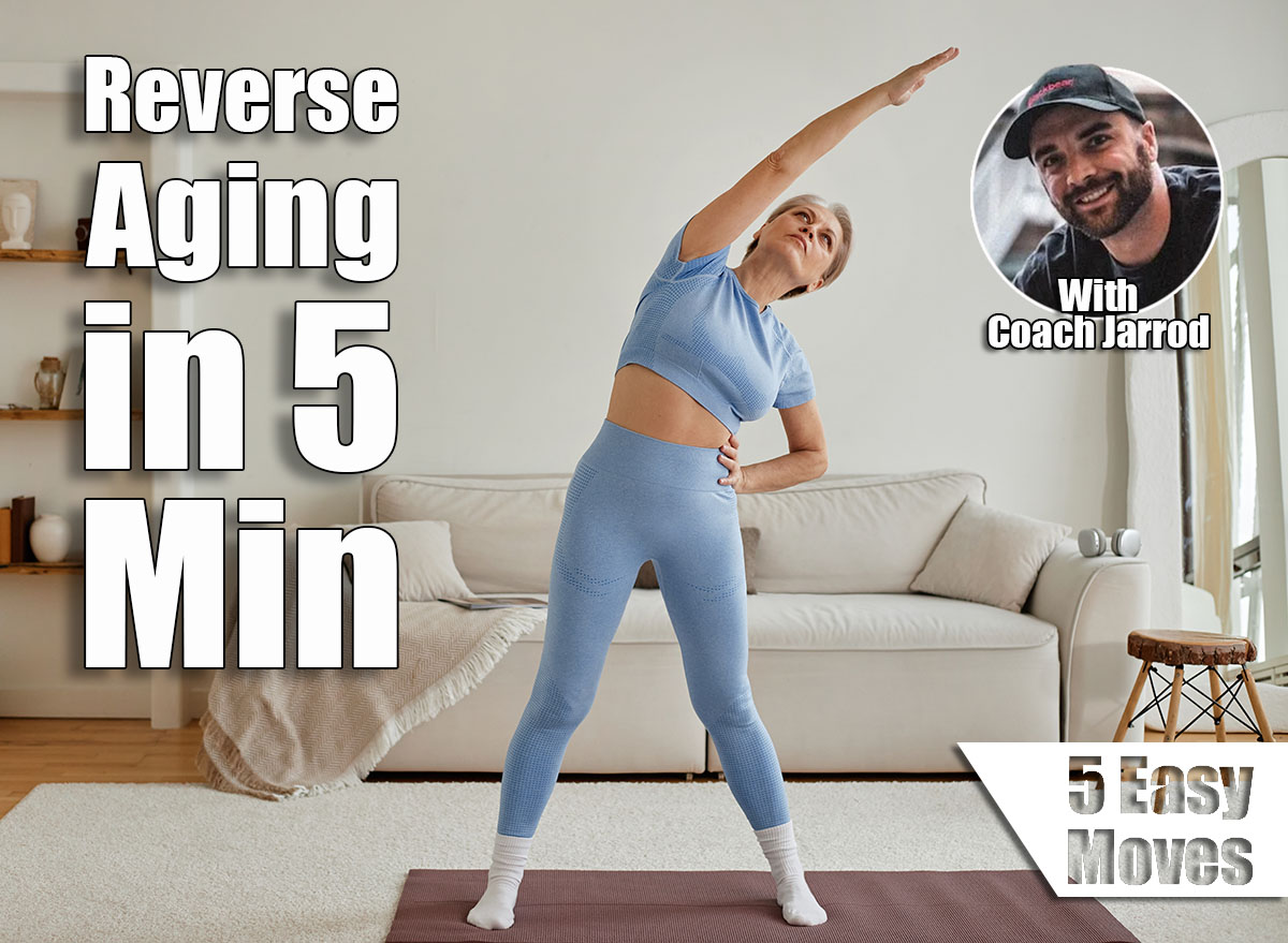 Senior Caucasian woman stretching on yoga mat in living room, raising one arm overhead and tilting body to side, engaging in home fitness routine, maintaining active lifestyle. The 5-Minute Morning Routine That Reverses Aging Better Than Supplements After 50. Cover.