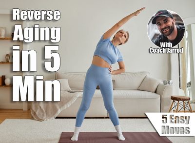Senior Caucasian woman stretching on yoga mat in living room, raising one arm overhead and tilting body to side, engaging in home fitness routine, maintaining active lifestyle. The 5-Minute Morning Routine That Reverses Aging Better Than Supplements After 50. Cover.
