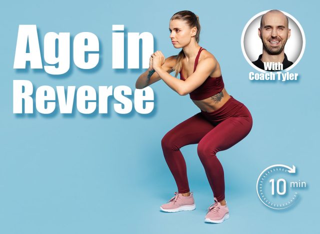 Full body side view young confident fitness trainer instructor sporty woman sportsman wear red sportswear train in home gym do squats isolated on plain blue background. Workout sport fit abs concept. 5 Daily Bodyweight Moves That Help You Age in Reverse After 40. Cover