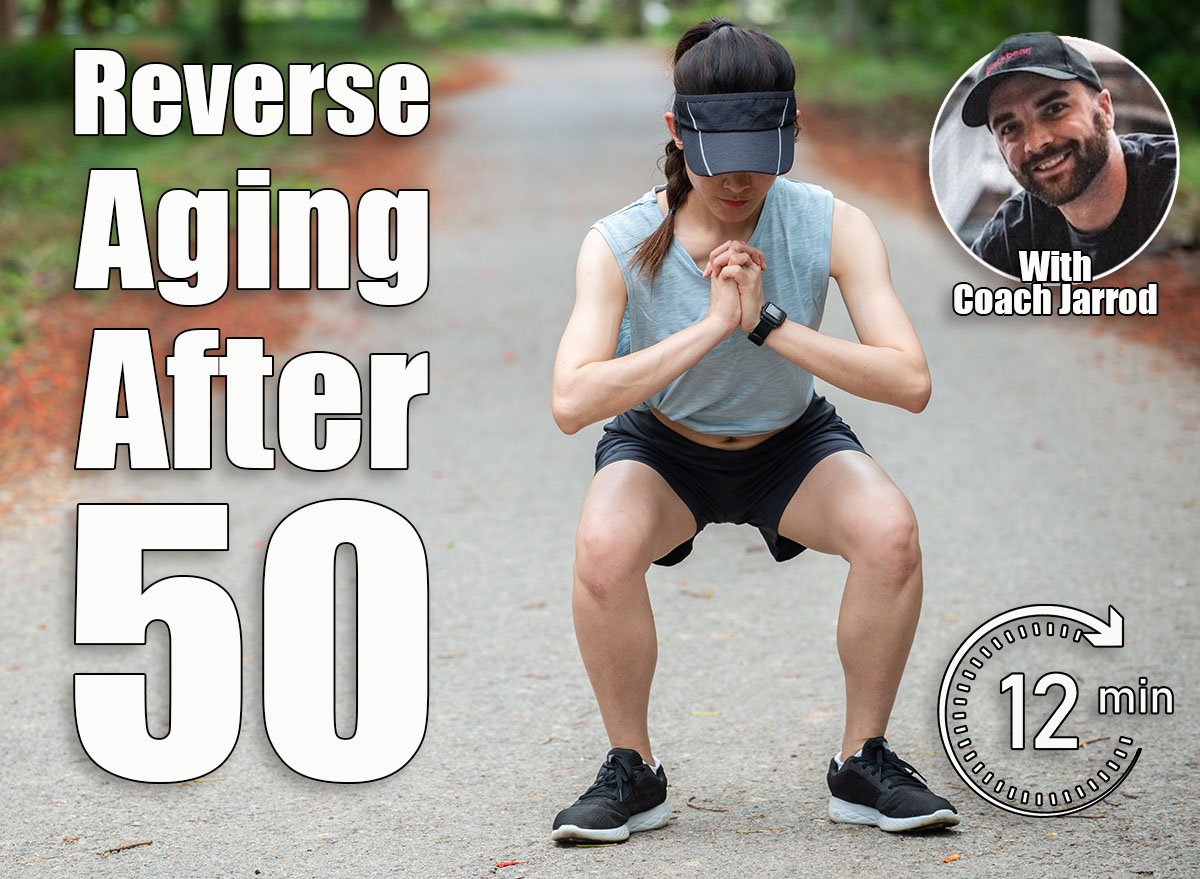 Asian female runner doing squat in the park. The squat is a body resistance exercise that works the leg muscles. 4 Simple Bodyweight Moves That Reverse Aging Faster Than Running After 50. Cover