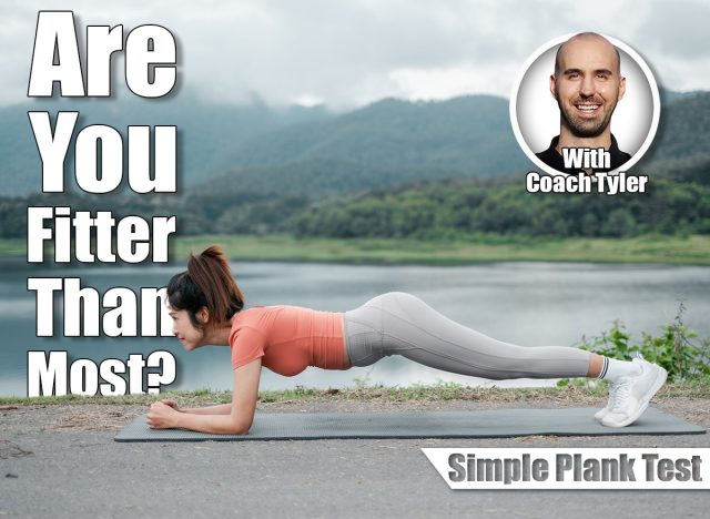 Woman in athletic wear doing a plank exercise by a lake with mountains in the background, showcasing fitness and nature. Over 45? If You Can Hold a Plank This Long, Your Core Is Stronger Than Most. Cover