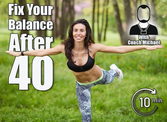 Sport fitness woman doing outdoor training workout. Mid age female balancing on one leg while smiling outside in park. 5 Simple Daily Leg Exercises To Improve Your Balance After 40. Cover