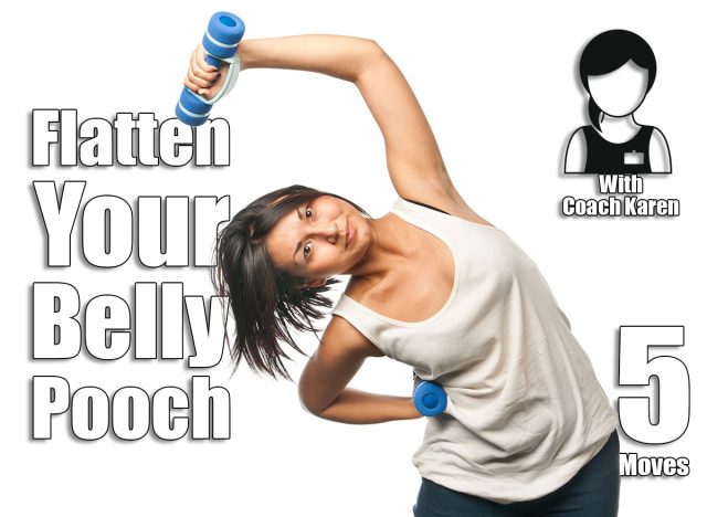 Sports girl doing exercises with dumbbells. 5 Daily Moves to Flatten Your Belly Pooch in 30 Days After 50—No Floor Work. Cover