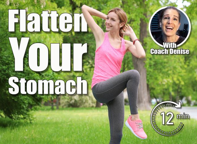Athletic young woman doing bicycle crunch exercise while standing on mat in green spring park. 5 Standing Core Moves That Flatten Your Stomach After 40. Cover