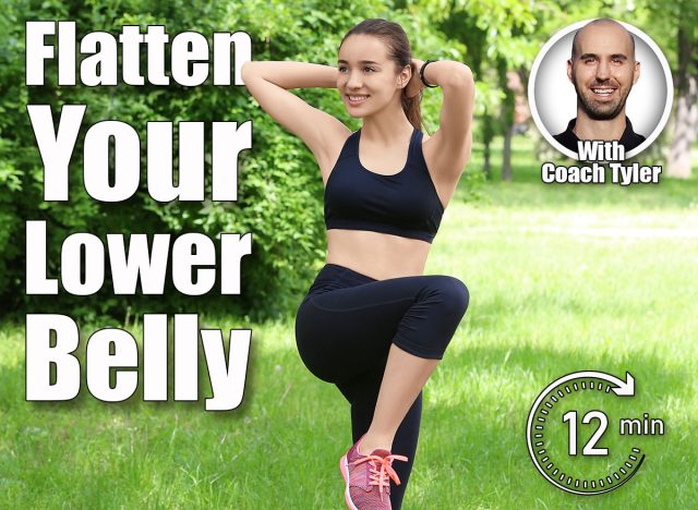 Athletic young woman doing bicycle crunch exercise while standing on grass in green spring park. 6 Standing Exercises That Shrink Overhang Belly in 30 Days. Cover