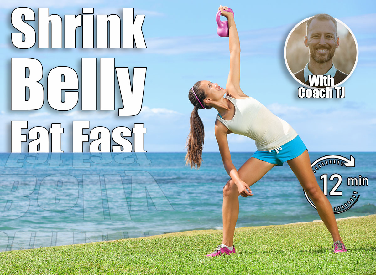 Fitness exercise woman using kettlebell in fitness strength training workout outside on grass by the ocean. Beautiful young fit instructor and fitness model. 4 Standing Core Exercises That Flatten Belly Faster Than Planks After 50. Cover
