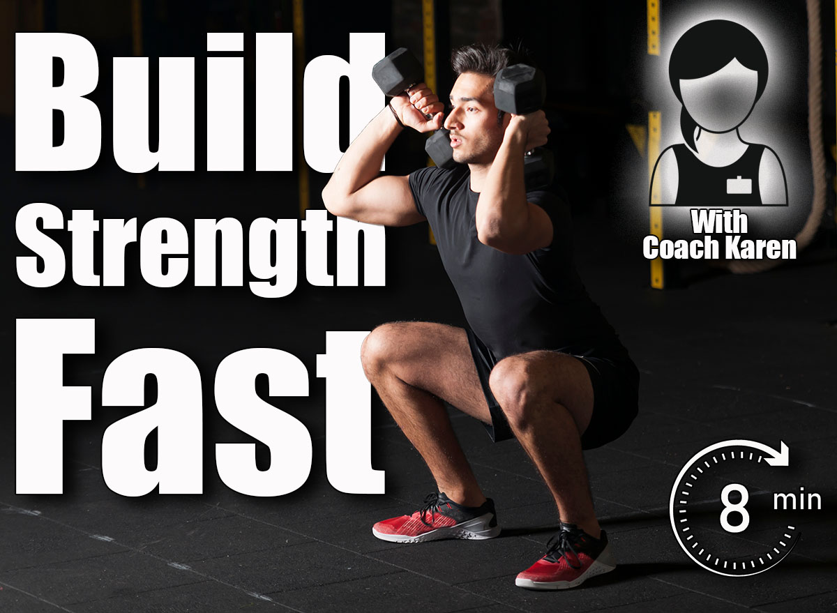 Young male athlete practicing dumbbell squats at the gym. Dark photography concept with copy space text area. This 8-Minute Standing Routine Builds More Strength Than an Hour at the Gym After 40. Cover
