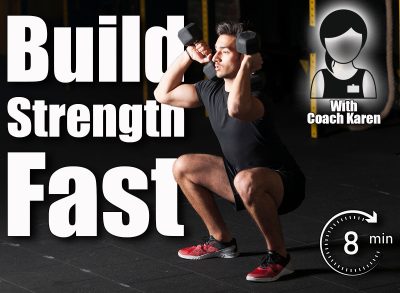 Young male athlete practicing dumbbell squats at the gym. Dark photography concept with copy space text area. This 8-Minute Standing Routine Builds More Strength Than an Hour at the Gym After 40. Cover