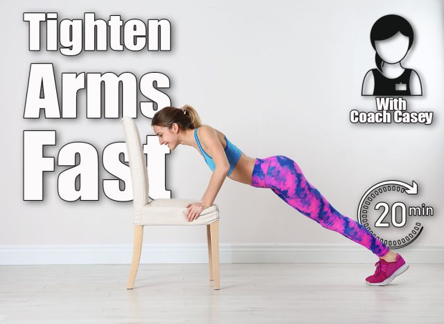 Young woman exercising with chair near white wall. Home fitness. 6 Bodyweight Exercises That Erase Bat Wings Better Than Tricep Dips After 50. Cover
