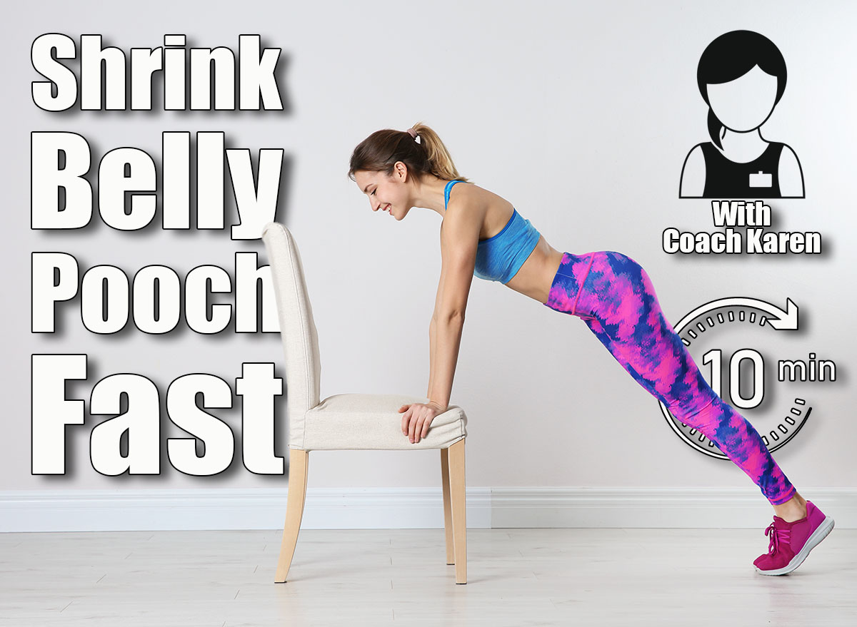 Young woman exercising with chair near white wall. Home fitness. 5 Chair Exercises That Trim Belly Pooch Better Than Ab Workouts After 45. Cover