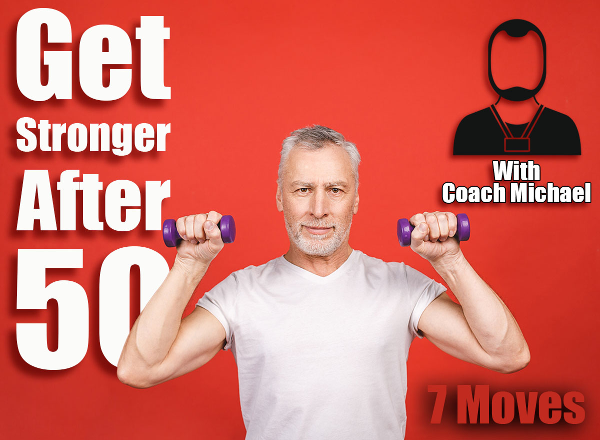 Portrait Of A Senior Man Exercising with dumbbells against red Background. 7 Standing Exercises Men Over 50 Should Do Daily To Stay Strong, Lean & Fit. Cover