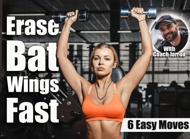 perfect sexy girl in orange top, short yellow pants doing an exercise on the shoulders with a dumbbell in the gym sitting on front view. classic exercises for shoulder sitting on bench lift dumbbell. 6 Triceps & Shoulder Exercises That Erase Bat Wings After 50 (No Floor). Cover