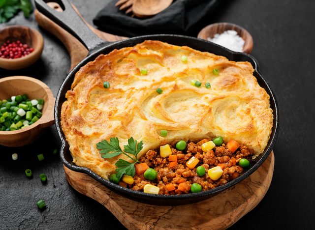 Shepherd's pie, traditional British dish with minced meat, vegetables and mashed potatoes.