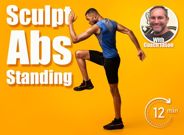 High Knees. Energetic afro man doing fitness exercise, lifting leg and waving arm, free space. A 30-Day Standing Workout to Sculpt Ripped Abs in Record Time–UPDATE. Cover,