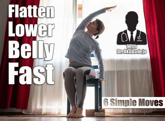 Young cheerful woman practicing yoga, sitting on chair doing side bend exercise, working out at the living room at home. 6 Chair Moves That Shrink Belly Pooch in 30 Days After 50. Cover