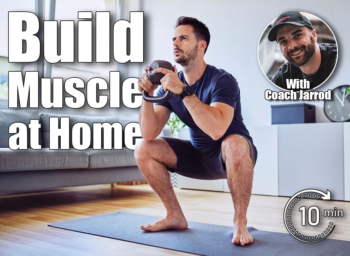 Training at home, young man doing squats with kettlebell weights. 10-Minute At-Home Strength Routine That Builds More Muscle Than the Gym After 50. Cover