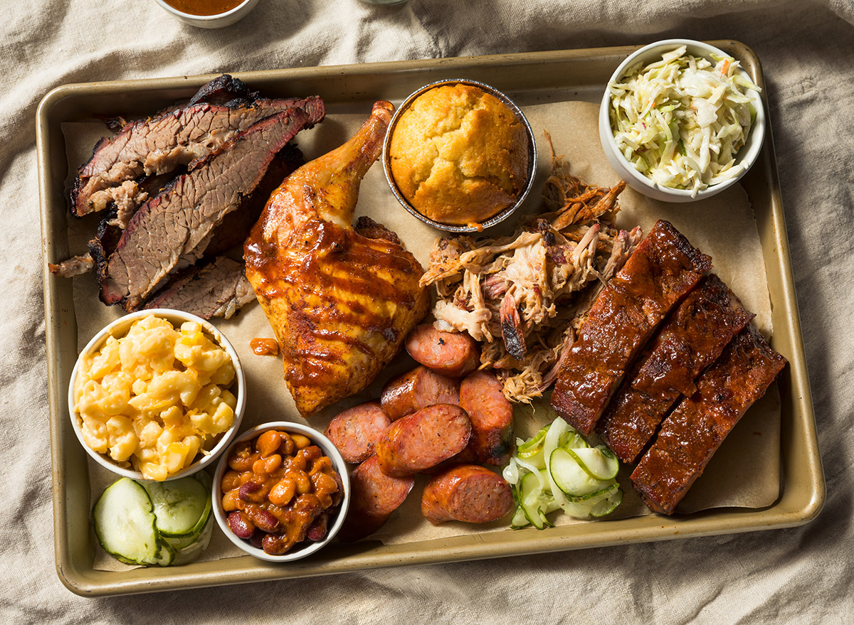 Homemade Barbecue Platter with Ribs Chicken Brisket and Pulled Pork
