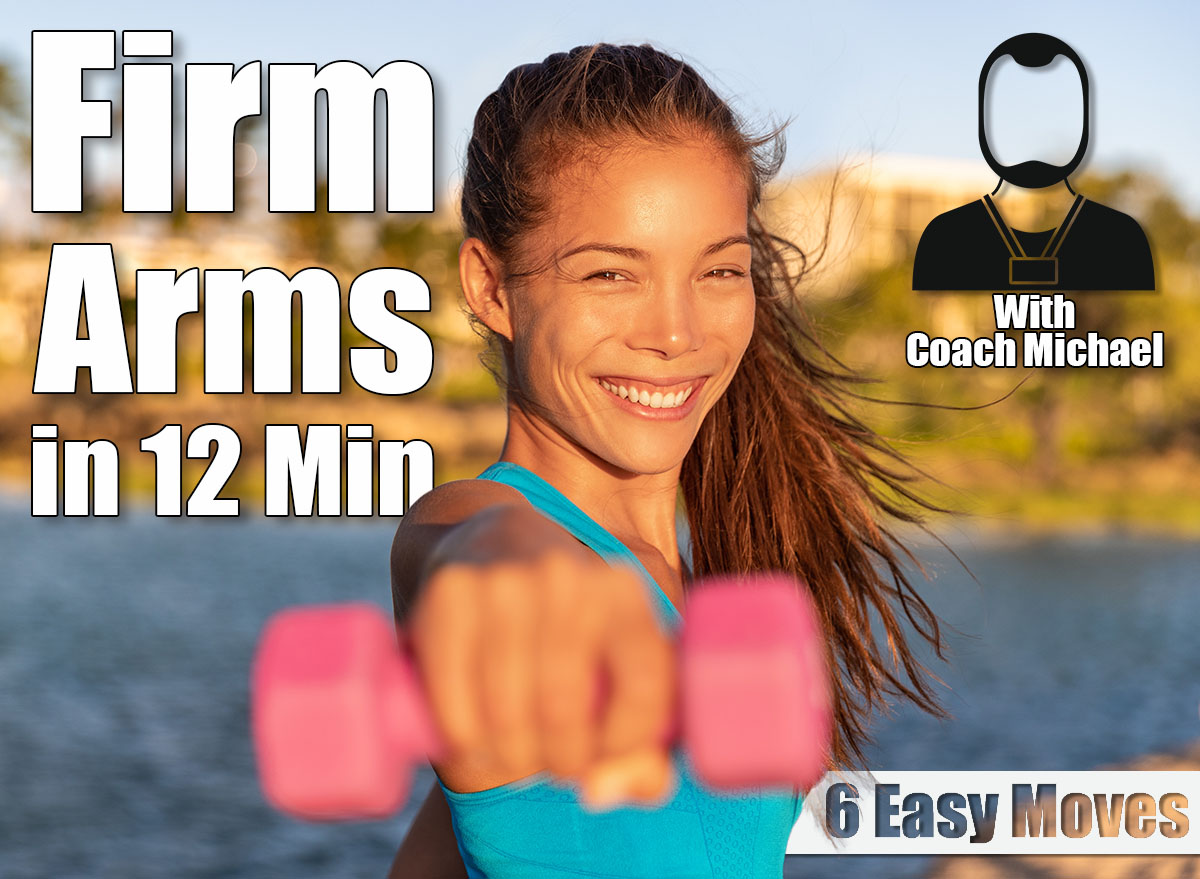 Fitness strength training workout Asian woman happy exercising arms muscles with free weights dumbbells doing lateral raises at outdoor beach summer park. Happy active healthy lifestyle. The 12-Minute Light-Dumbbell Routine That Tightens Arms After 45. Cover