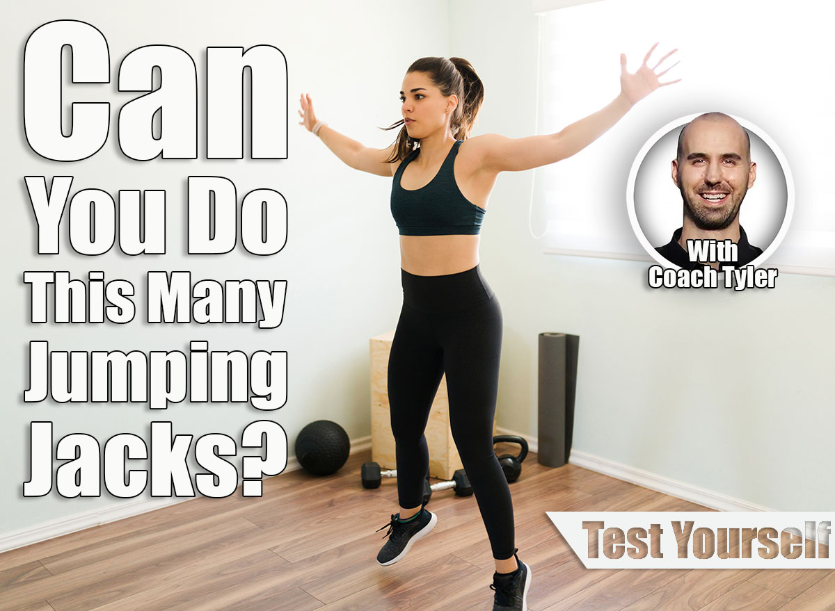 Healthy woman with black sporty clothing working out with jumping jacks and sweating during her daily cardio exercises at home. If You Can Do This Many Jumping Jacks After 60, Your Cardio Is Better Than Most. Cover