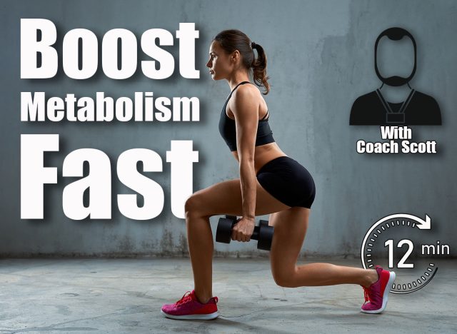 Side view of female bodybuilder training legs using dumbbells. Concentrated fit sportswoman with muscular body doing lunges in empty gym, loft interior. Concept of bodybuilding, healthy lifestyle. 12-Minute Standing Strength Routine That Recharges Your Metabolism After 50. Cover