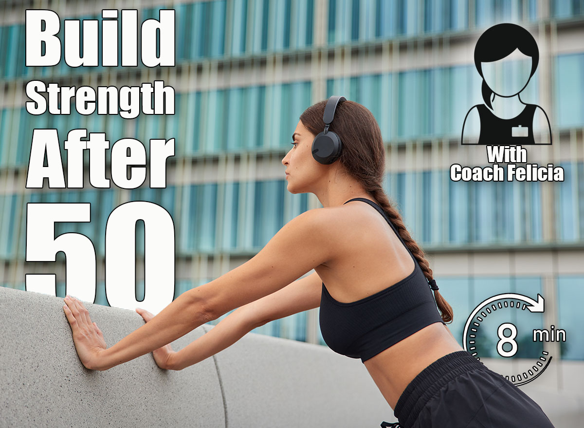 Sporty slim woman does push up exercises leans on concrrete wall wears cropped top stereo headphones on ears has pigtail poses outside has workout in open air. Motivated sportswoman in activewear. This 8-Minute Morning Bodyweight Routine Builds More Strength Than 30 Minutes on Machines After 50. Cover
