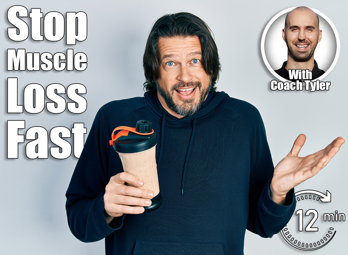 Middle age caucasian man wearing sport clothes drinking a protein shake celebrating victory with happy smile and winner expression with raised hands. 6 Simple Exercises That Stop Muscle Loss Faster Than Protein Shakes After 50. Cover