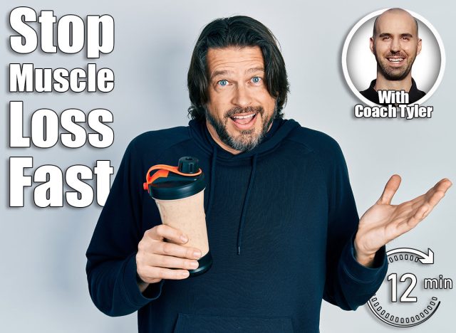 Middle age caucasian man wearing sport clothes drinking a protein shake celebrating victory with happy smile and winner expression with raised hands. 6 Simple Exercises That Stop Muscle Loss Faster Than Protein Shakes After 50. Cover