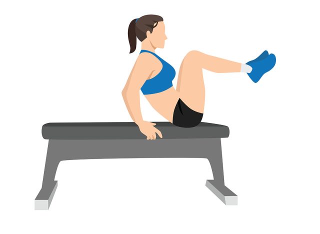 Woman doing Seated Bench leg pull ins. Flat bench knee ups exercise. Flat vector illustration isolated on white background