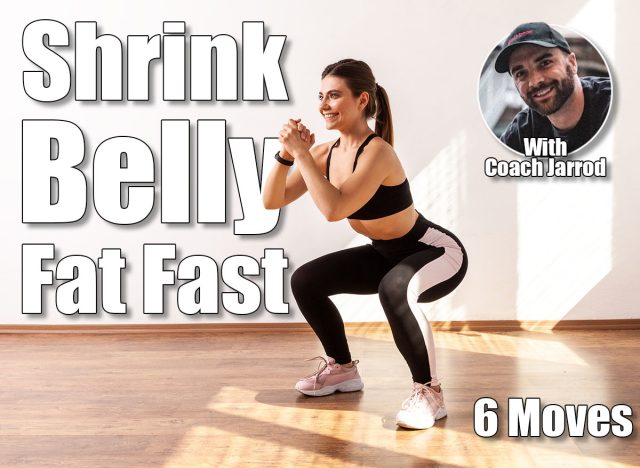 Profile of athletic woman doing squat, lower body sport exercise, warming up and training muscles, wearing black sports top and tights. Full length studio shot illuminated by sunlight from window. 6 Standing Exercises That Shrink Belly Pooch Faster Than Gym Workouts After 45. Cover