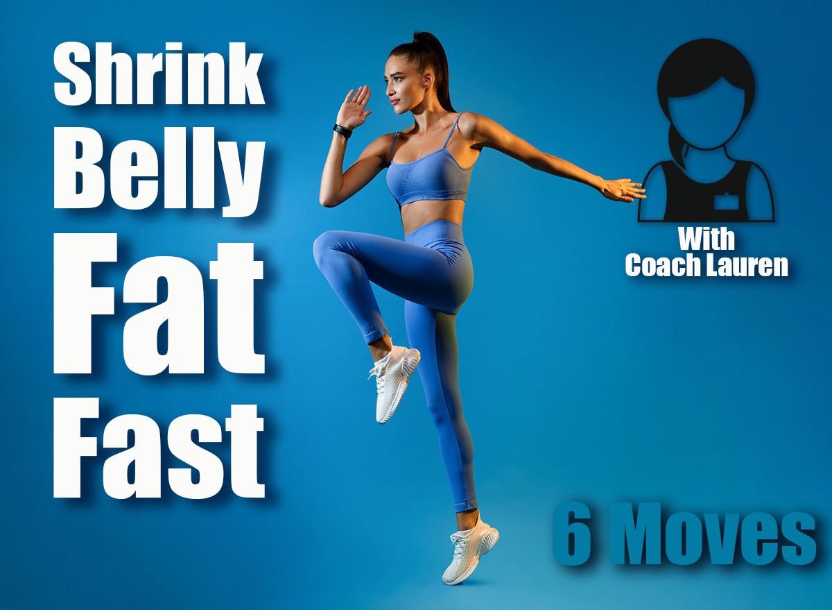 Female Athlete Jumping Exercising During Training Over Blue Studio Background, Looking Aside. Fitness Workout And Sport Motivation Concept. Full Length, Side View. 6 Standing Exercises That Trim Belly Overhang Better Than Sit-Ups After 45. Cover