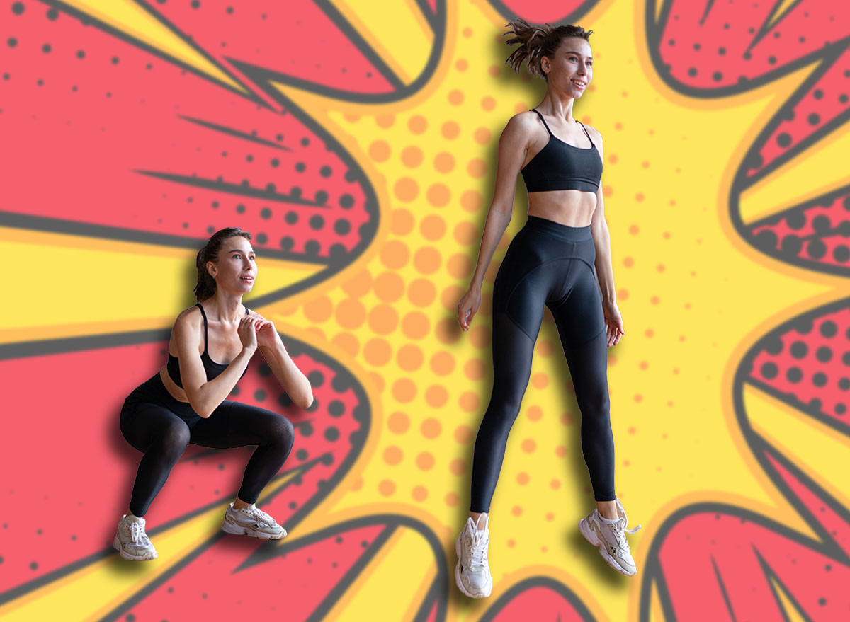 Fit woman exercising doing jump squat Fitness female athlete