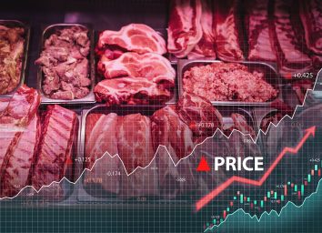 Photo of meat store and counter with raw meat. Price increase of meat products with graphs.