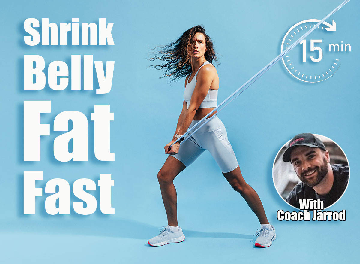 Female athlete doing intense stretching exercises with elastic band. Healthy woman in sportswear working out on blue background. 7 Standing Ab Exercises That Shrink Belly Pooch After 50, Cover,