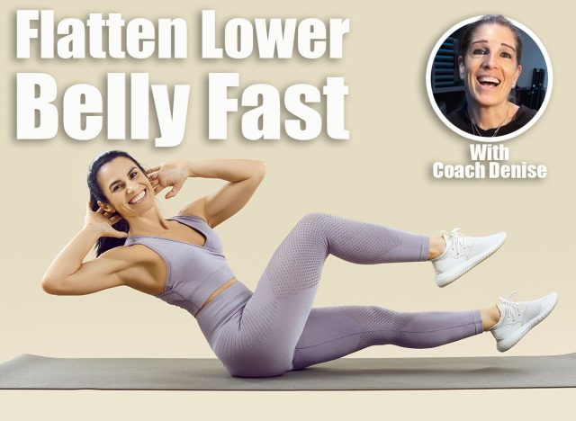 Happy fit woman with beautiful abs enjoying her fitness workout at the gym. Studio shot of a cheerful smiling lady in a crop top and leggings doing bicycle crunches exercise on a sports mat. The 16 Exercises You Need To Melt Lower Belly Fat — UPDATE. Cover