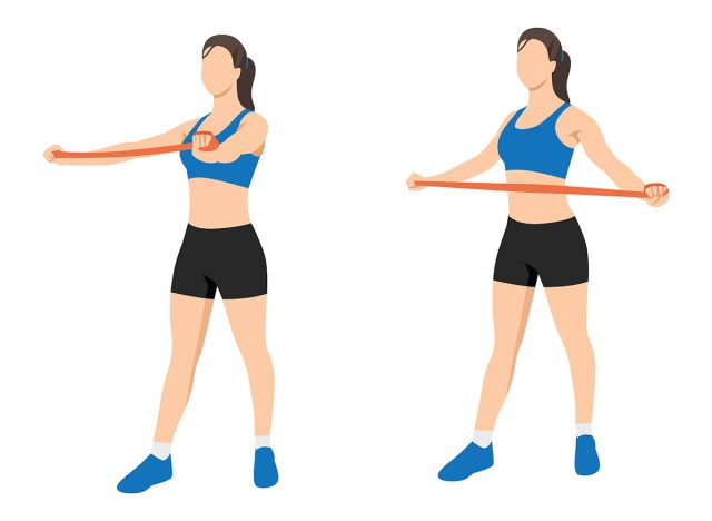 Woman doing reverse fly with long resistance band exercise. Flat vector illustration isolated on white background
