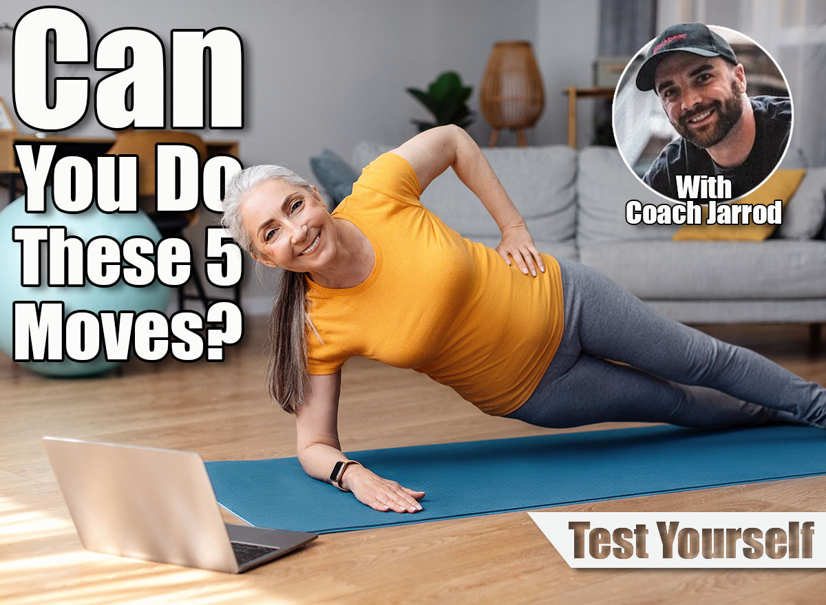 Happy fit senior woman standing in side plank, training on yoga mat in living room, using laptop, watching tutorial or working out with trainer. Master These 5 Bodyweight Movements After 55 and You're Stronger Than 90% of Your Peers. Cover