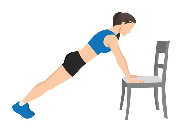 Woman doing Incline plank on chair exercise. Flat vector illustration isolated on white background