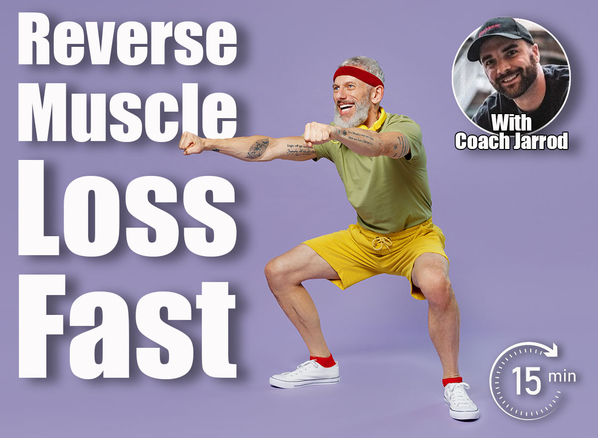 Full size body length fitness vivid elderly gray-haired bearded man 40s years old in headband khaki t-shirt look aside doing side squat isolated on plain pastel light purple background studio portrait. 15-Minute Bodyweight Strength Routine That Reverses Muscle Loss After 50. Cover